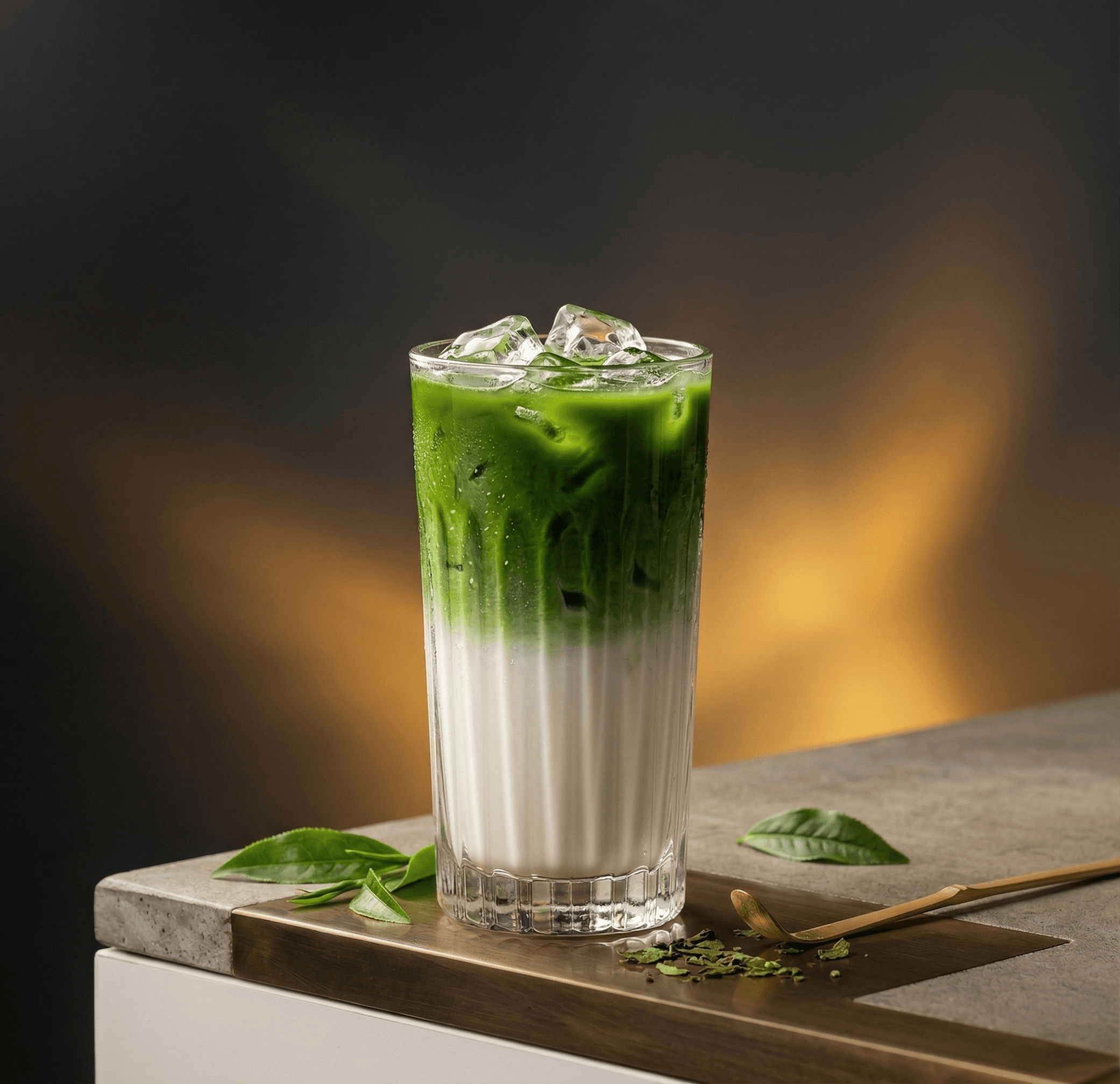 Ceremonial matcha with milk, served over ice.
