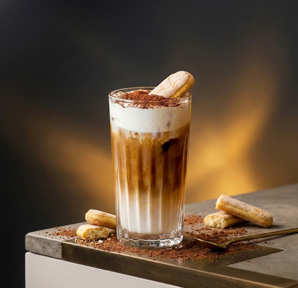 A tiramisu-inspired latte with cocoa and a creamy top.