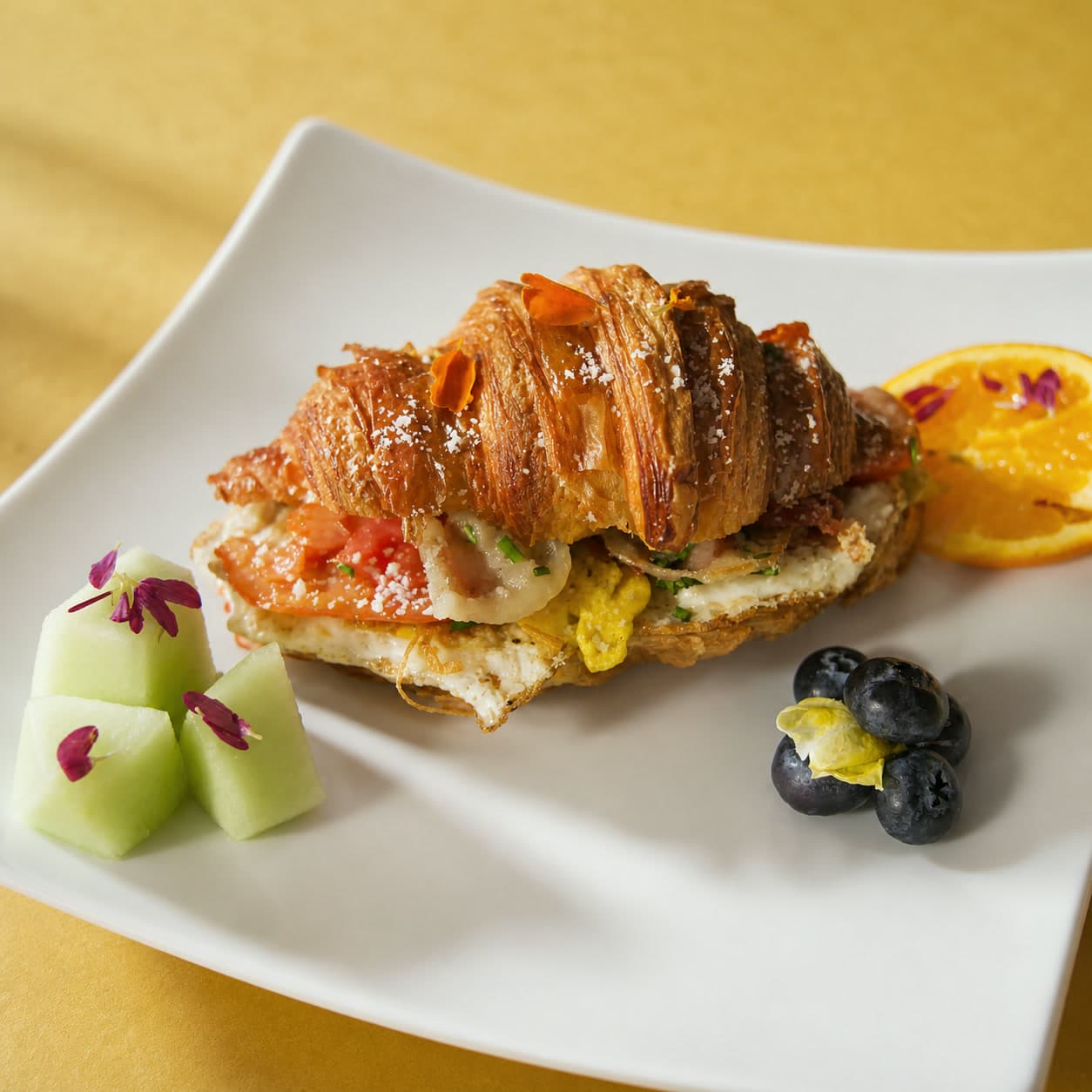 Bacon, egg, avocado, and cheese on a toasted croissant.