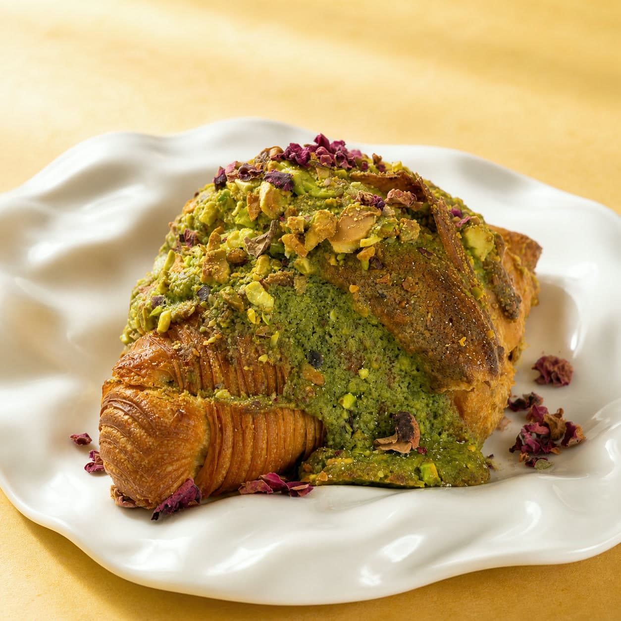 Flaky, filled with pistachio cream, and finished with crushed nuts.