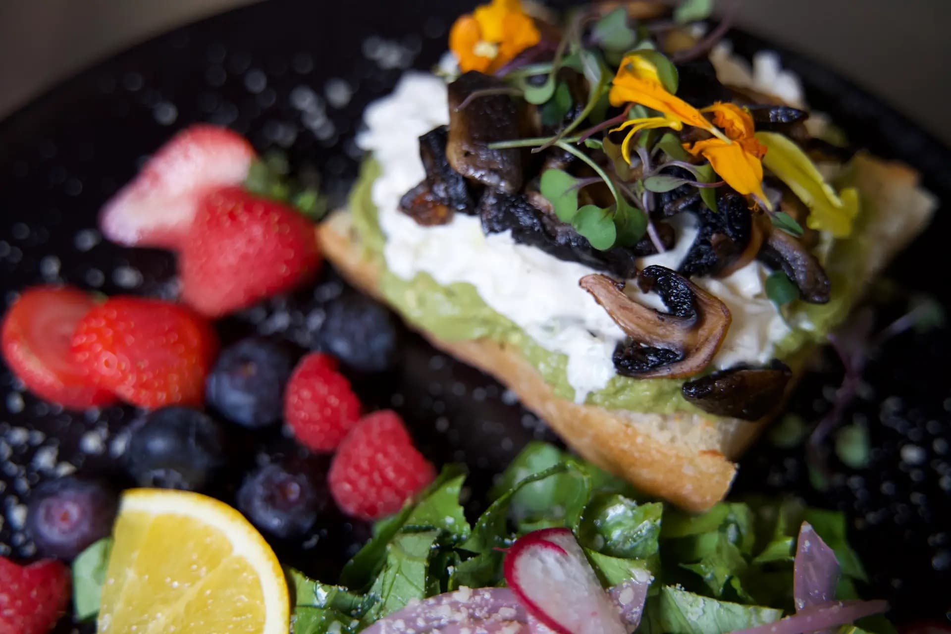 Mushroom on Ciabatta - Roasted mushrooms on ciabatta with a side salad and fresh seasonal fruits.